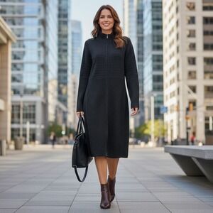 Calvin Klein Dress Sweater Mediuim Ribbed Knit Full Zip Black Long Sleeve Career